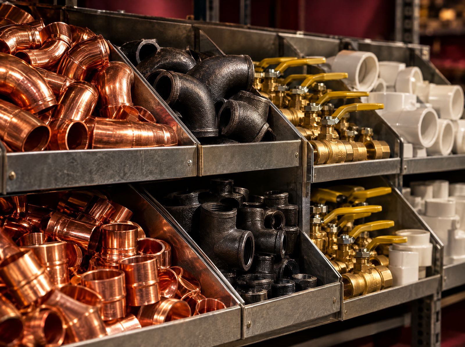 Copper, black iron, brass, and PVC pipe fittings in warehouse bins