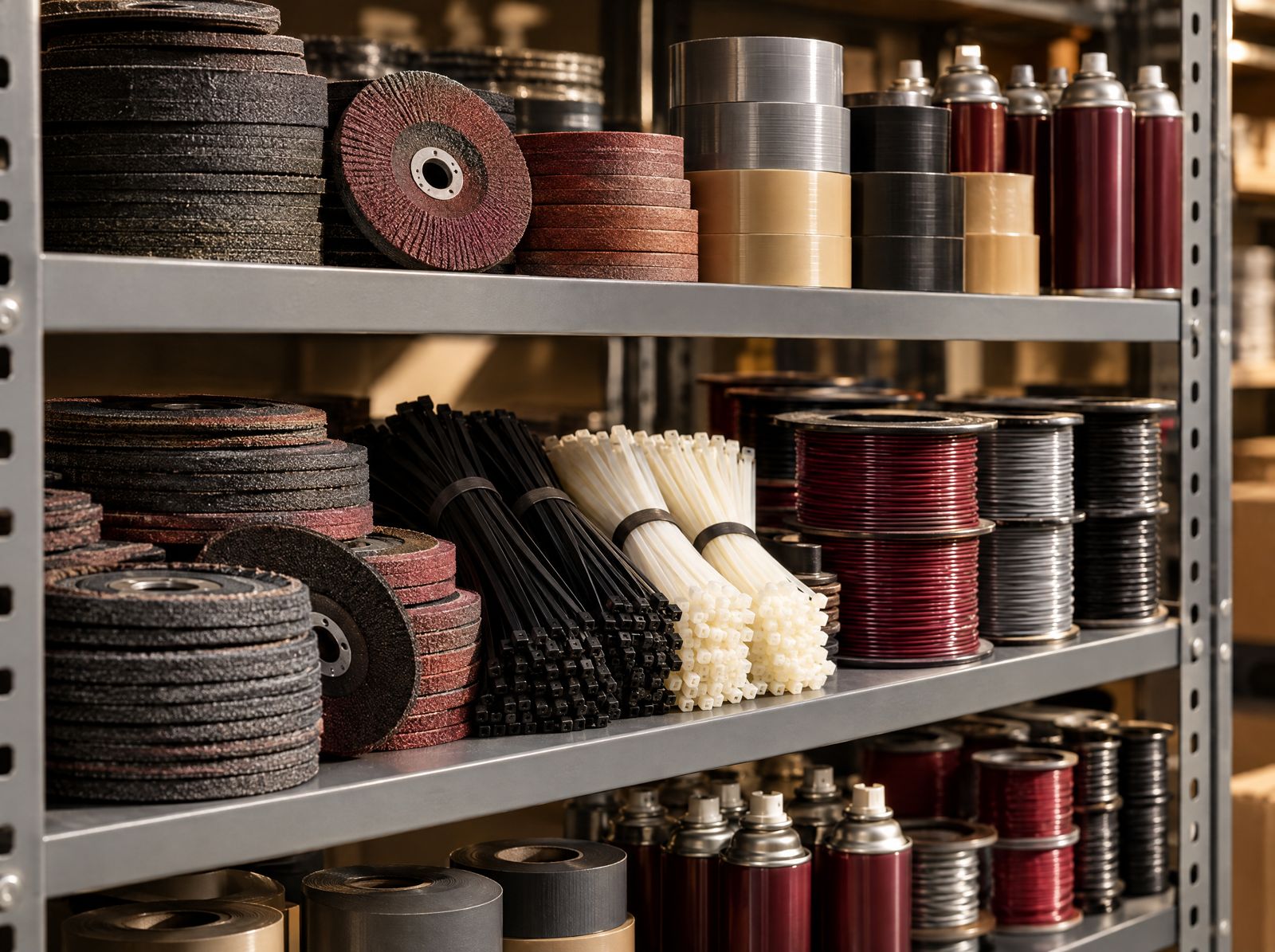 Grinding discs, tape, lubricants, cable ties, and wire on steel shelving