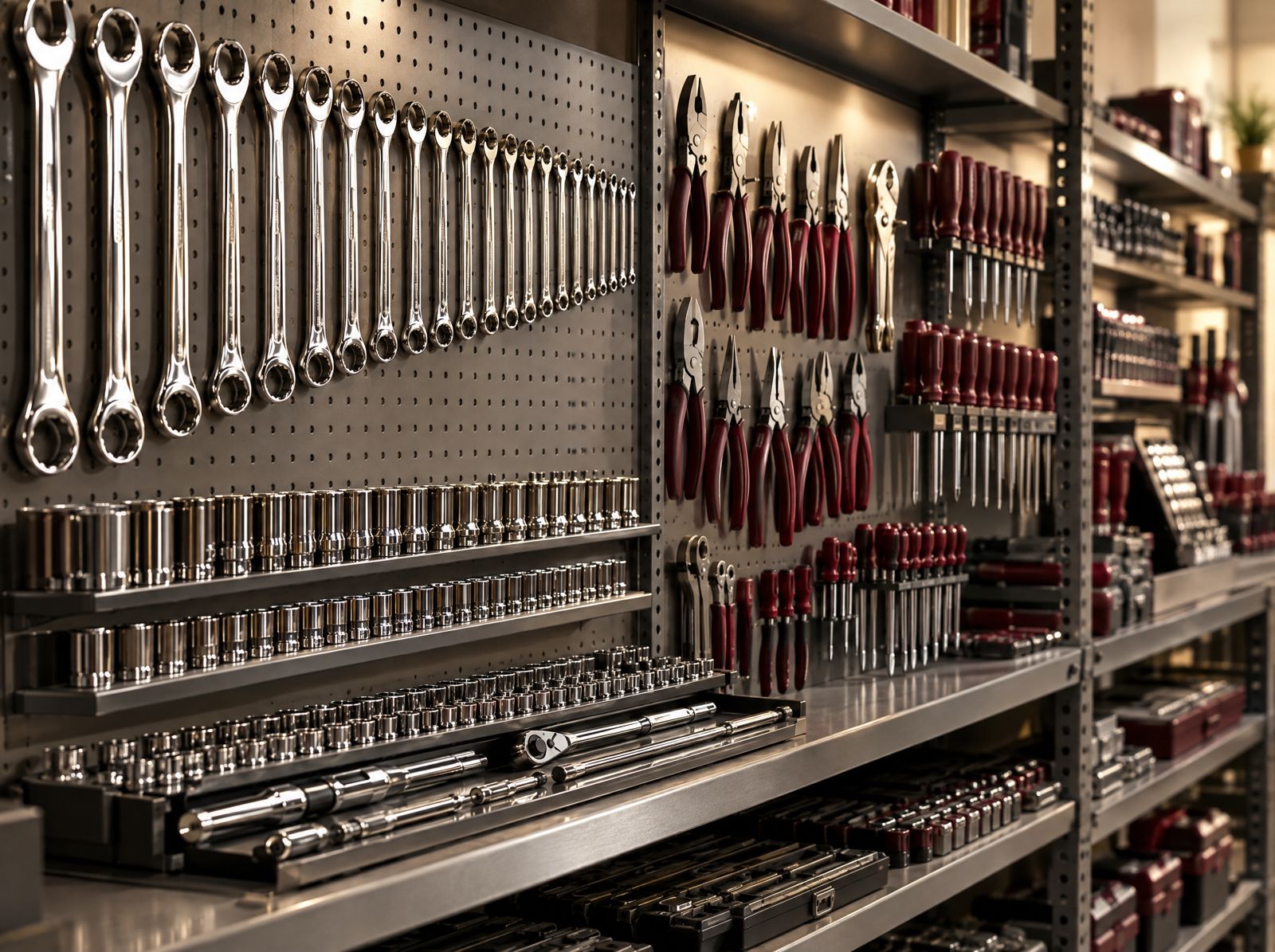 Wrenches, sockets, and pliers organized on a stockroom wall